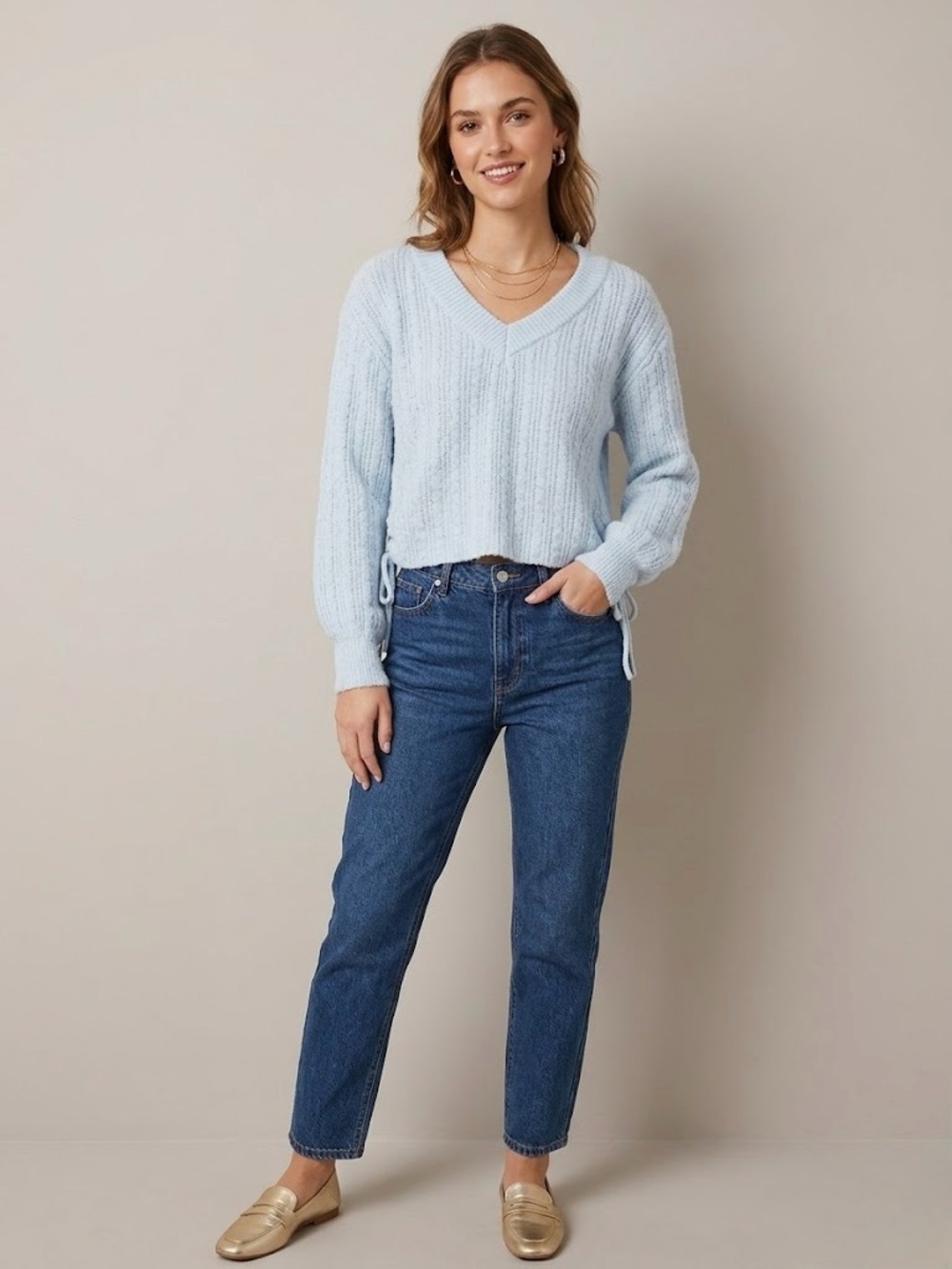 Francesca's Collections Baby Blue V-Neck Cable Knit Sweater with Side Ties